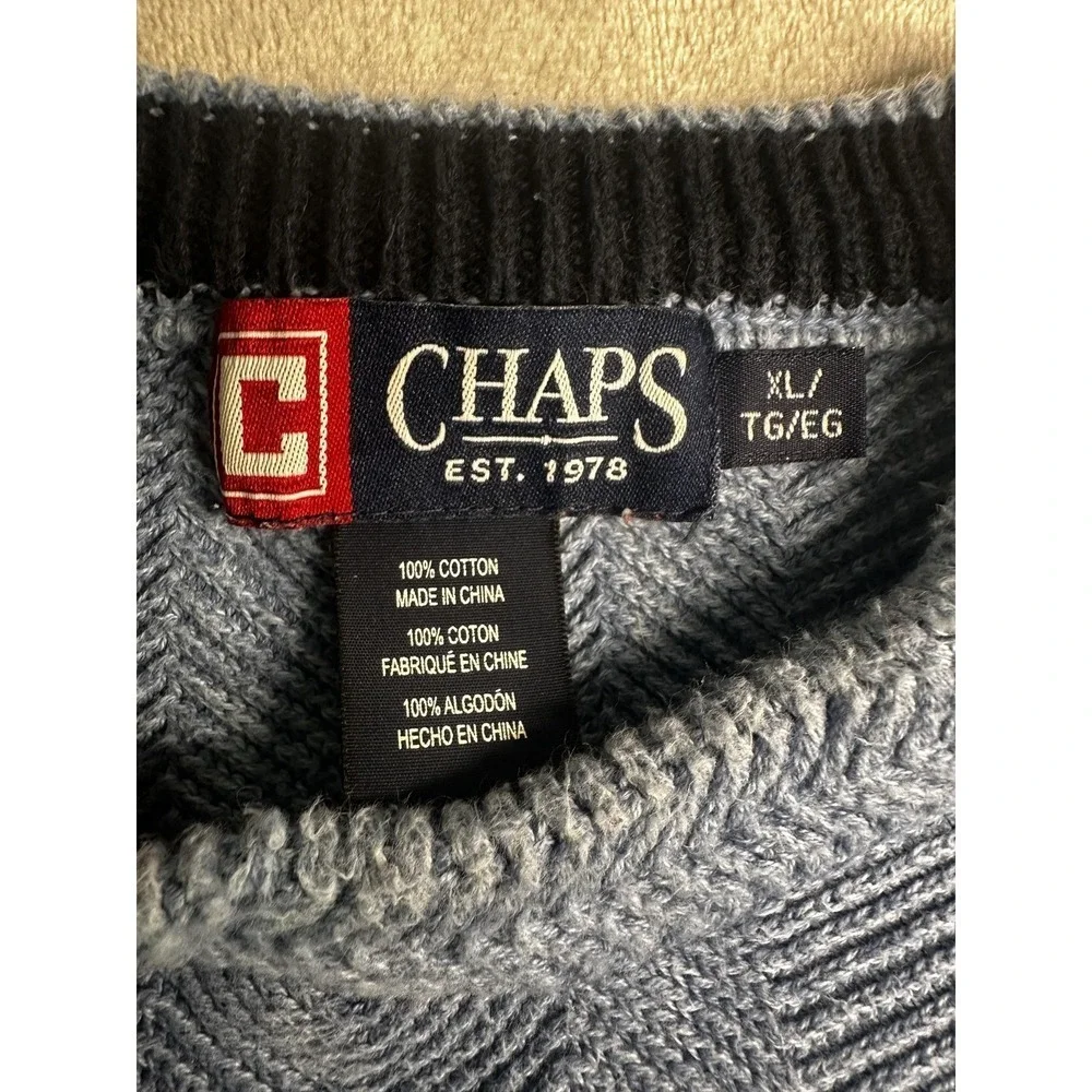 Chaps Sweater Mens XL Blue Herringbone Knit Crewneck Crest Logo Pullover Classic